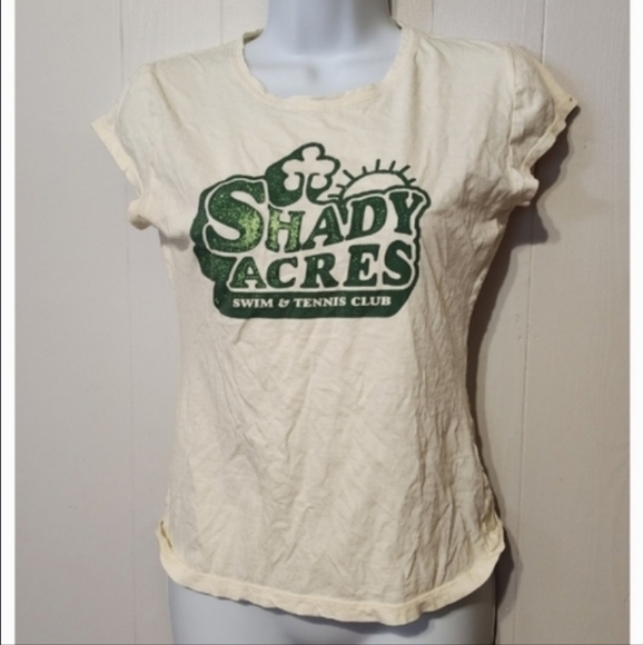 American‎ Eagle Shirt Medium Shady Acres Short Sleeve Cream Green Cap Sleeve - Picture 2 of 4